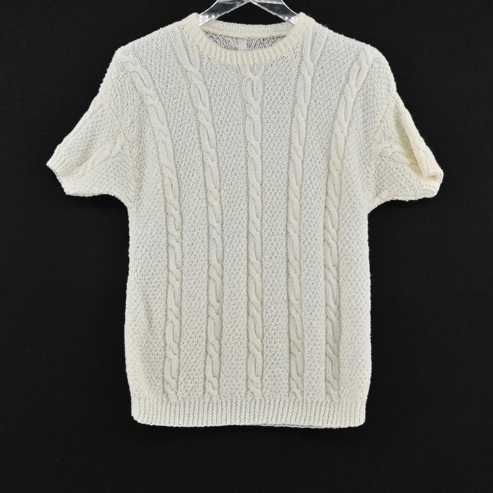 Vtg 70s Handmade Cable Knit Sweater Womens Size‎ M Grandmacore Ski Short Sleeve